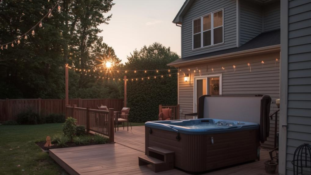 A hot tub in a backyard in Cochrane