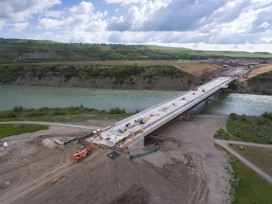 Aerial view of bridge under construction.