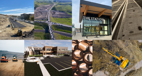 Collage of different heavy industry and construction sites around Cochrane. There are some building rendering and exterior shoots of constructed buildings.