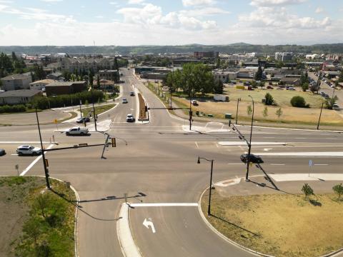 Aerial photo of Centre Avenue and HWY 1A intersection, Cochrane, Alberta