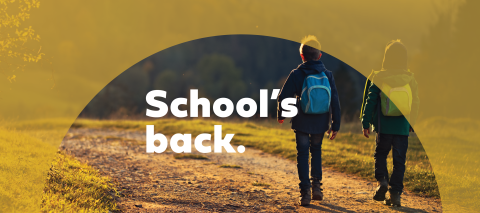 Children walking to school with school's back overlay