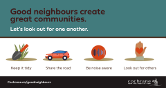 Poster with garden shovel, car and raised hand image.